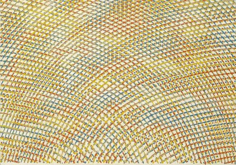 A densely textured painting displaying a tapestry-like array of multicolored, crisscrossing brushstrokes creating a vibrant, woven pattern on the canvas, with warm tones of yellow, red, and blue.